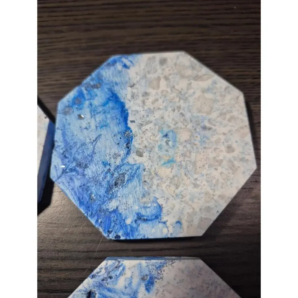 4 White/Blue/Gray Marbled Eco Resin Stone Look Hexagon Coasters 3 5/8” Handmade